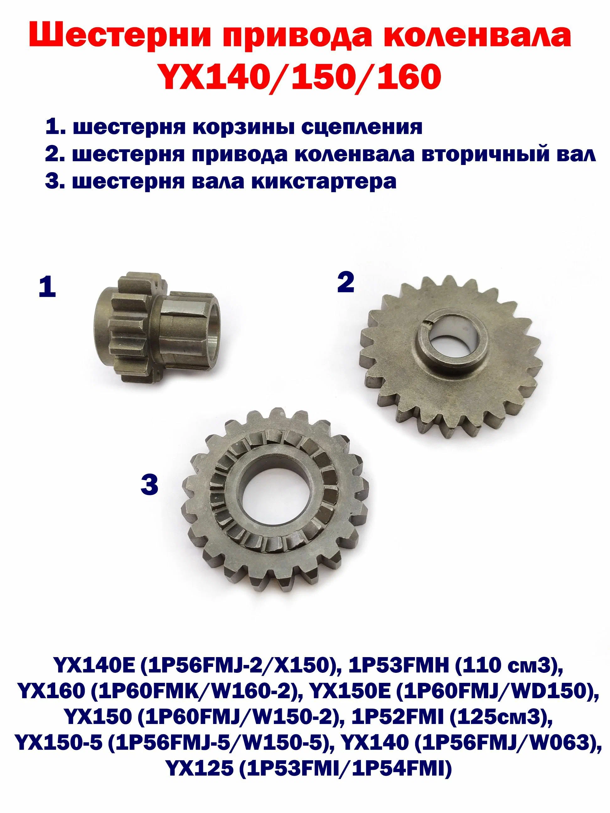 Шестерни привода коленвала и кикстартера комплект YX140/ YX150(150-5/ 150-2) /YX160